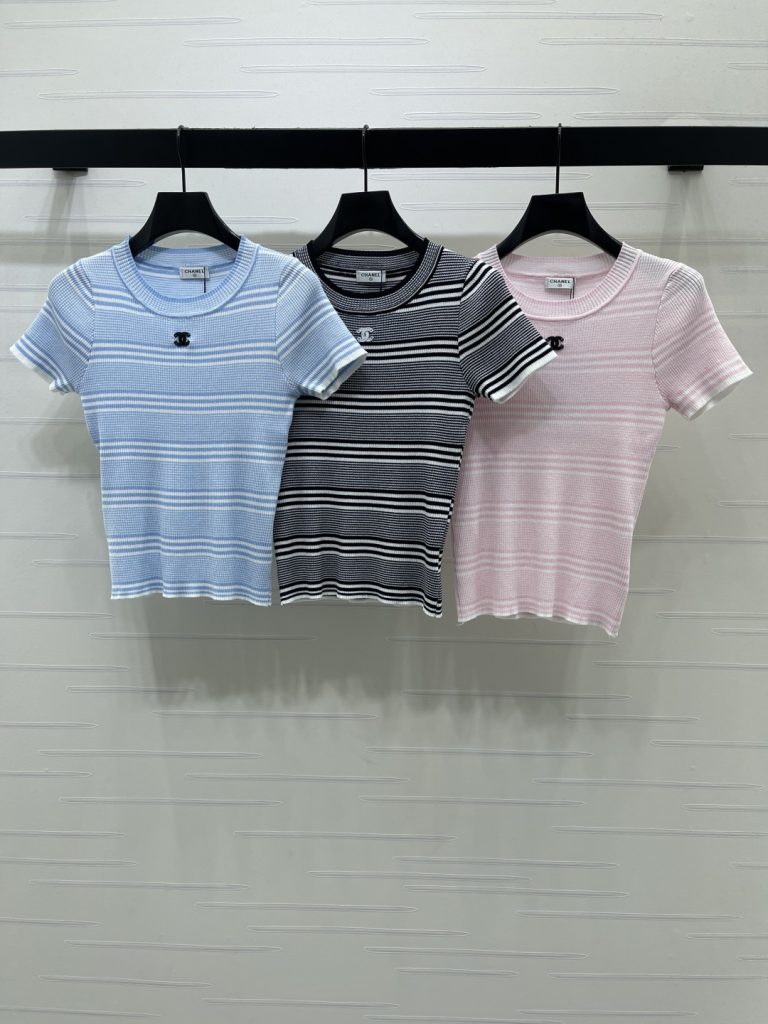 CHANEL コピー ニットTシャツ 撞色ストライプ ロゴデザイン 3色展開 通勤 レディース