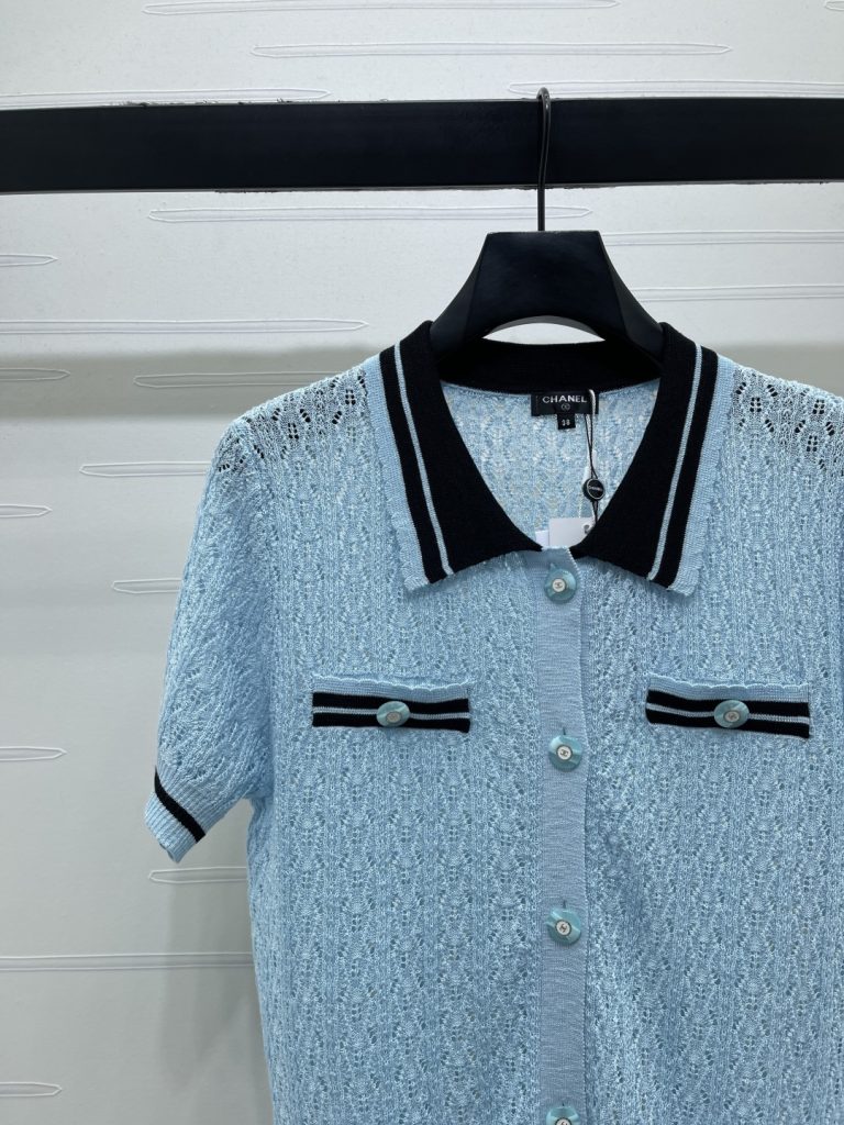 CHANEL コピー 半開襟 ポロニット 半袖 レディース ブルー - 画像 3