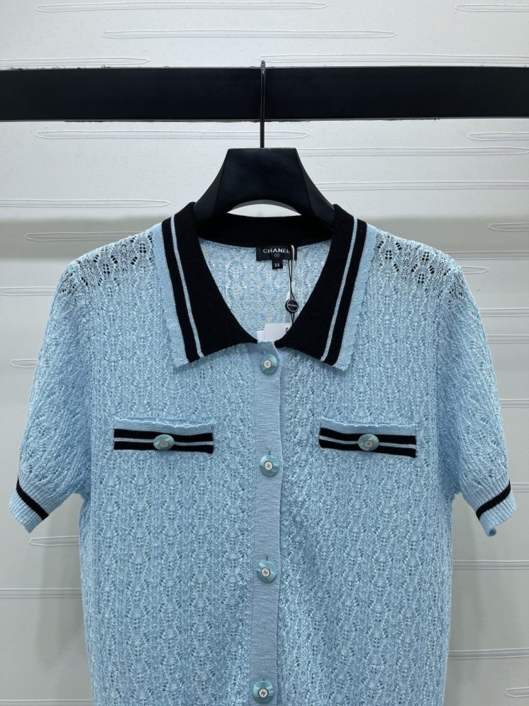 CHANEL コピー 半開襟 ポロニット 半袖 レディース ブルー - 画像 4