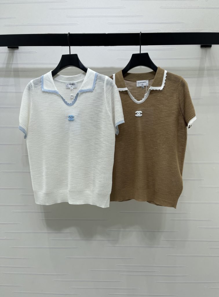 CHANEL ニット Tシャツ コピー ロゴデザイン フリンジ襟 V字ネック 無地 2色展開