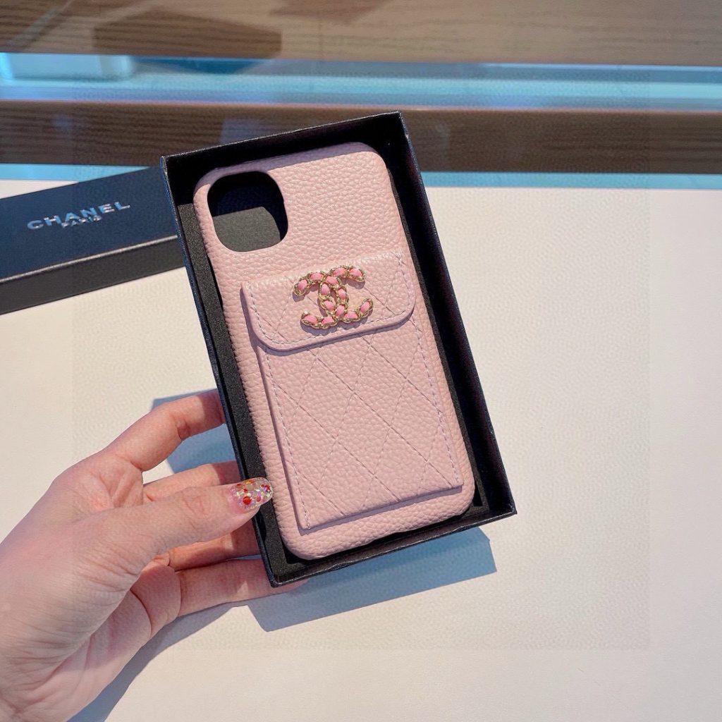 iPhoneケースシャネル風 ポケット付きスマホケース ピンク 2色入 - 画像 2