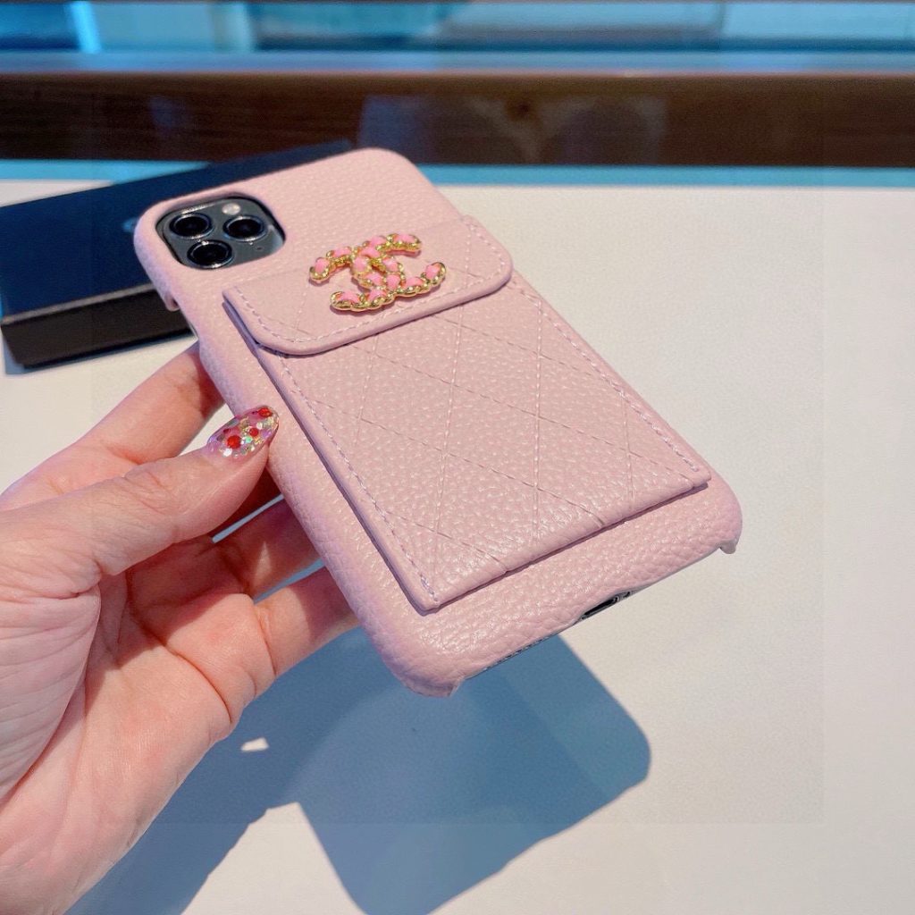 iPhoneケースシャネル風 ポケット付きスマホケース ピンク 2色入 - 画像 5