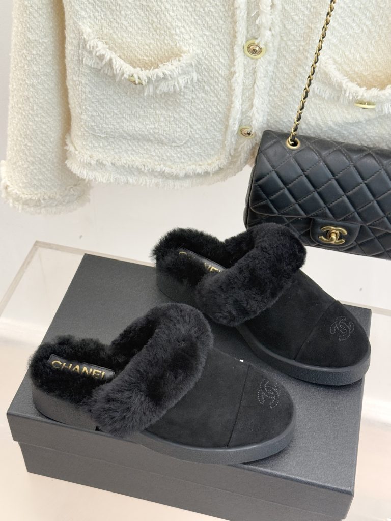 シャネル レディース ファー付きスリッパ 黒 2色入 保温性抜群 🧦 - 画像 3