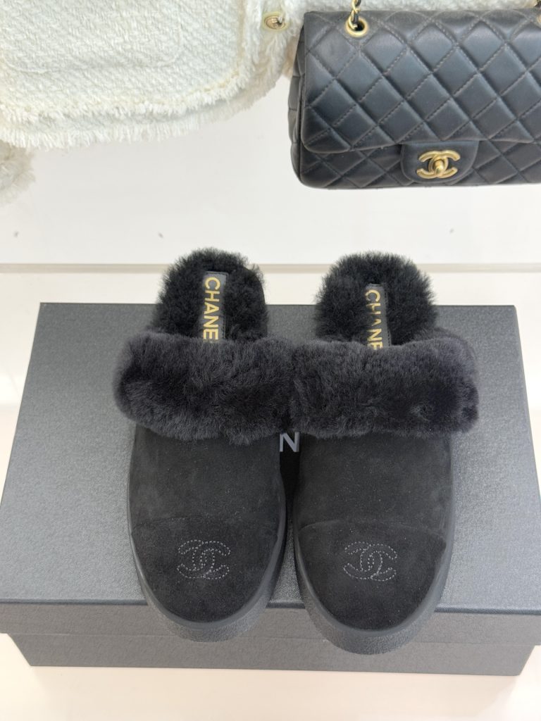 シャネル レディース ファー付きスリッパ 黒 2色入 保温性抜群 🧦 - 画像 4