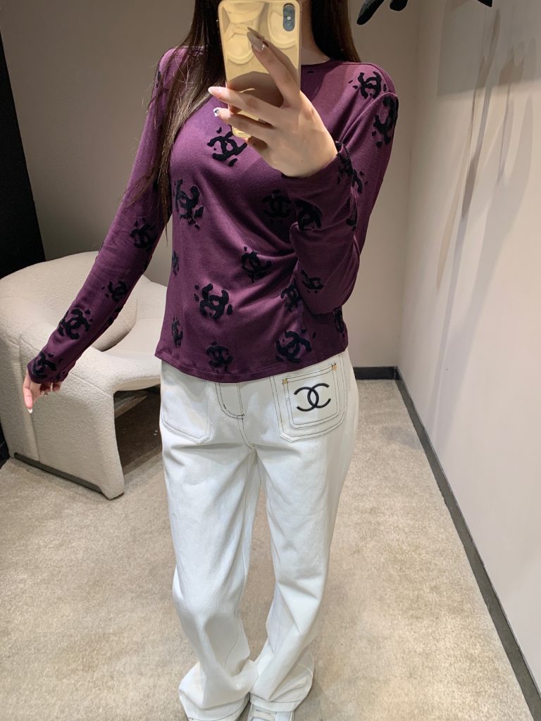 CHANEL 190 Chane 25B 双C植 袖Tシャツ パープル 弾性ニット素材 - 画像 2