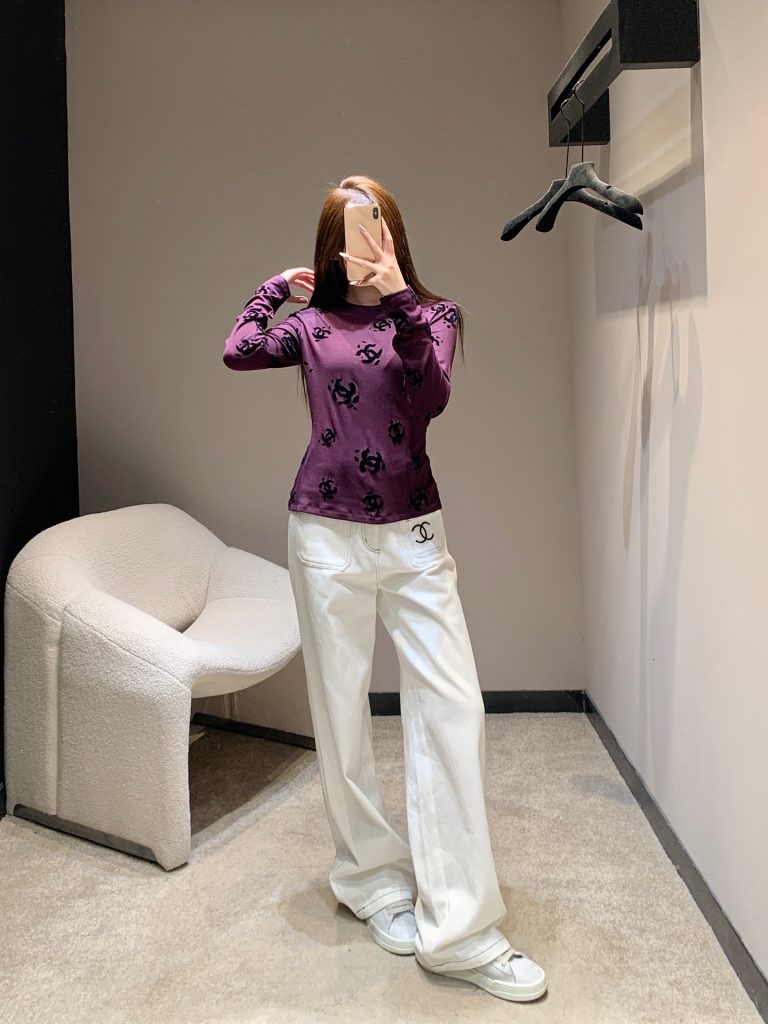 CHANEL 190 Chane 25B 双C植 袖Tシャツ パープル 弾性ニット素材 - 画像 4