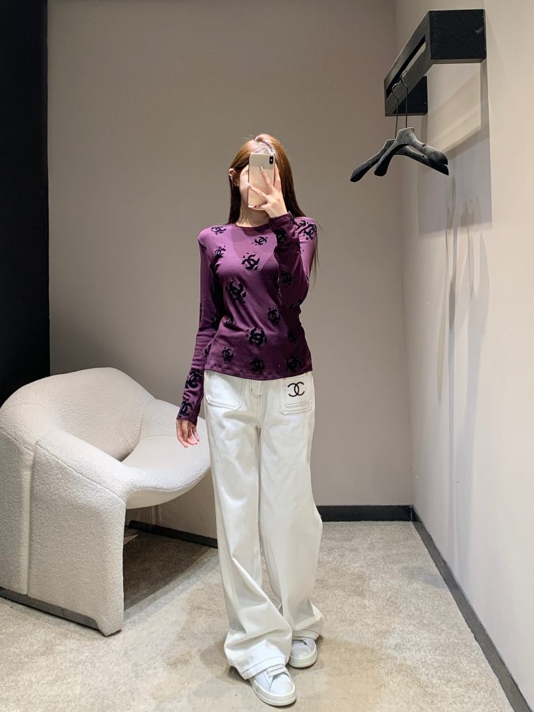 CHANEL 190 Chane 25B 双C植 袖Tシャツ パープル 弾性ニット素材 - 画像 6
