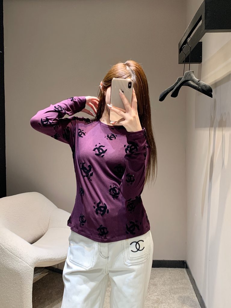 CHANEL 190 Chane 25B 双C植 袖Tシャツ パープル 弾性ニット素材 - 画像 7
