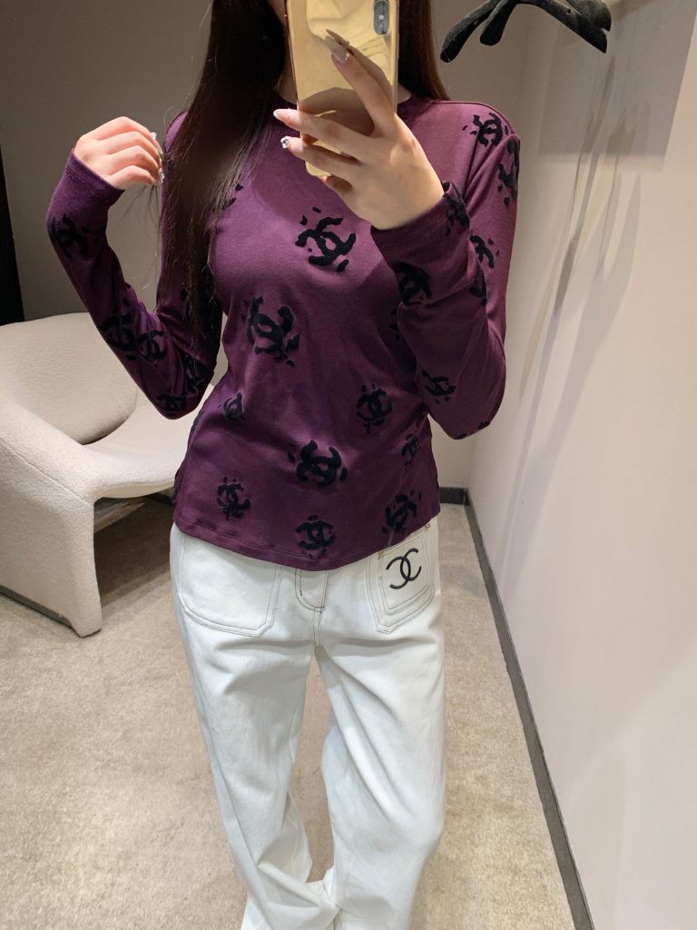 CHANEL 190 Chane 25B 双C植 袖Tシャツ パープル 弾性ニット素材 - 画像 8
