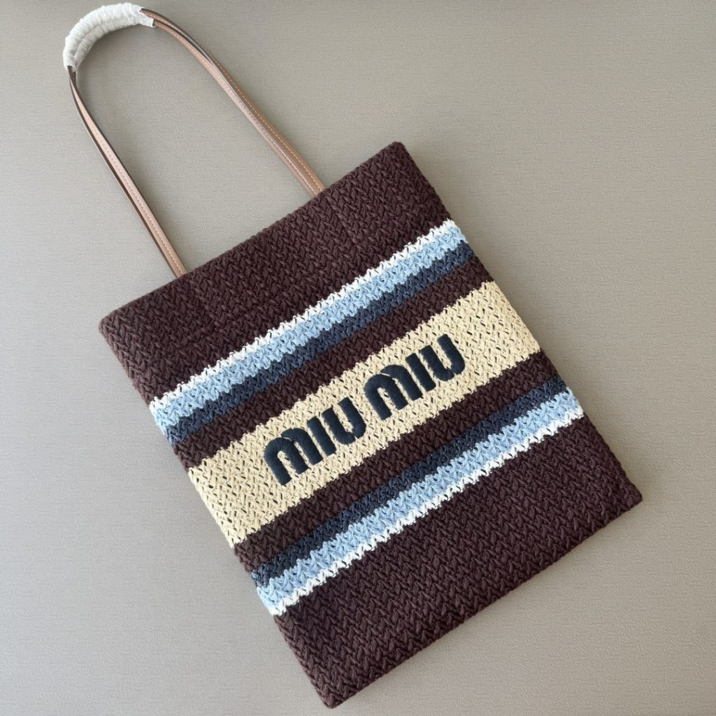 Miu Miu ミュウミュ ロゴトートバッグ ナチュラル ブラウン|ストライプ柄 トートバッグ - 画像 4