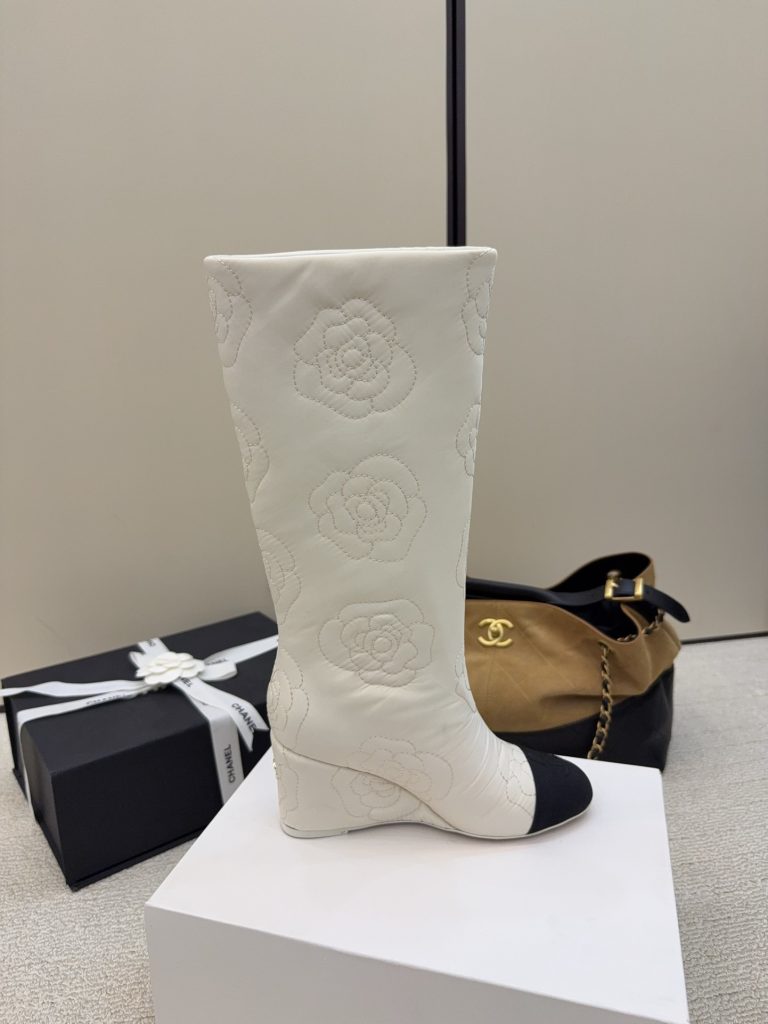 CHANEL シャネル ウェッジブーツ 本革 ロングブーツ ブラック ホワイト 36C - 画像 5