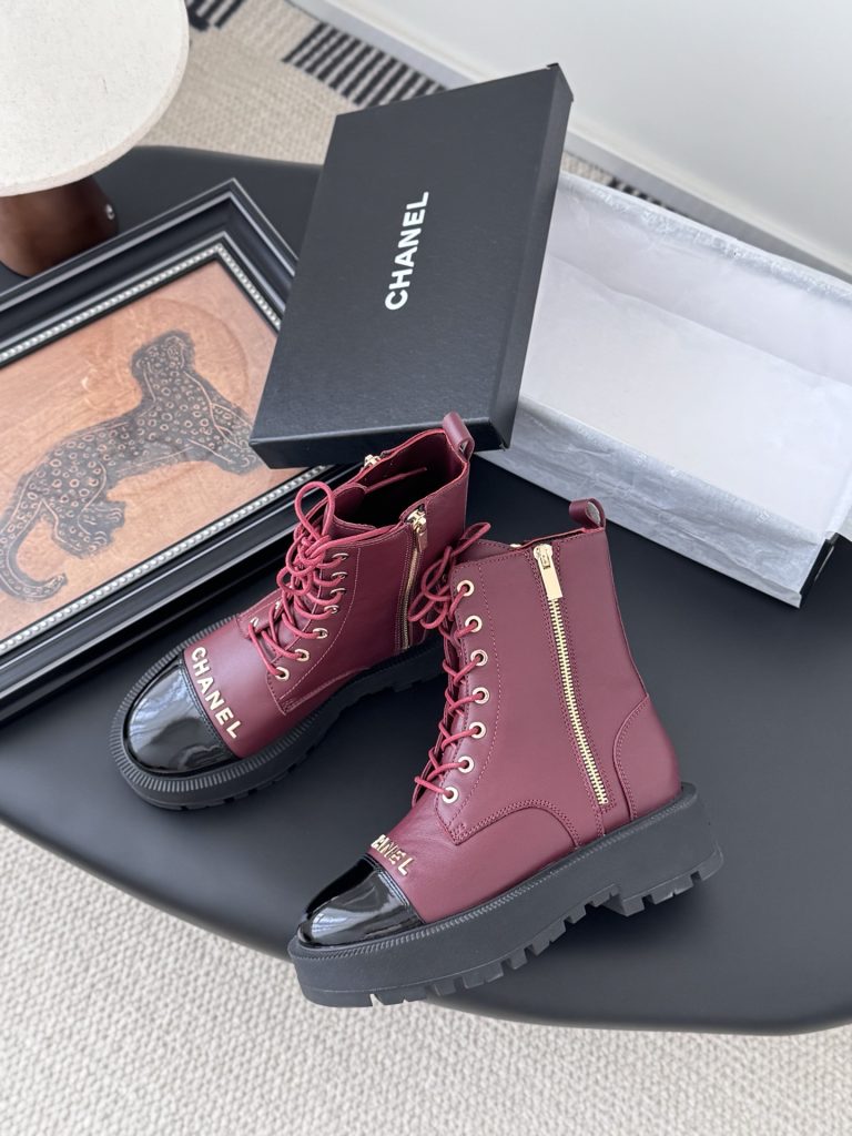CHANEL シャネル ブーツ 本革 フラットシューズ 通勤 ブラック マルーン 全2色 - 画像 3