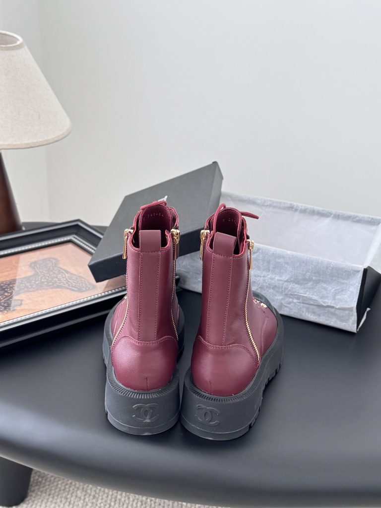 CHANEL シャネル ブーツ 本革 フラットシューズ 通勤 ブラック マルーン 全2色 - 画像 6