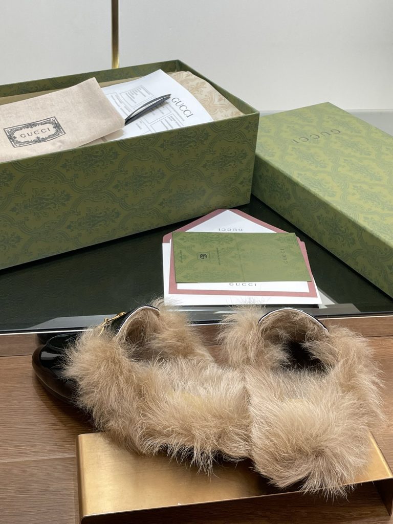 GUCCI グッチ フラットシューズ 本革 軽量 フェイクファー ブラック - 画像 8