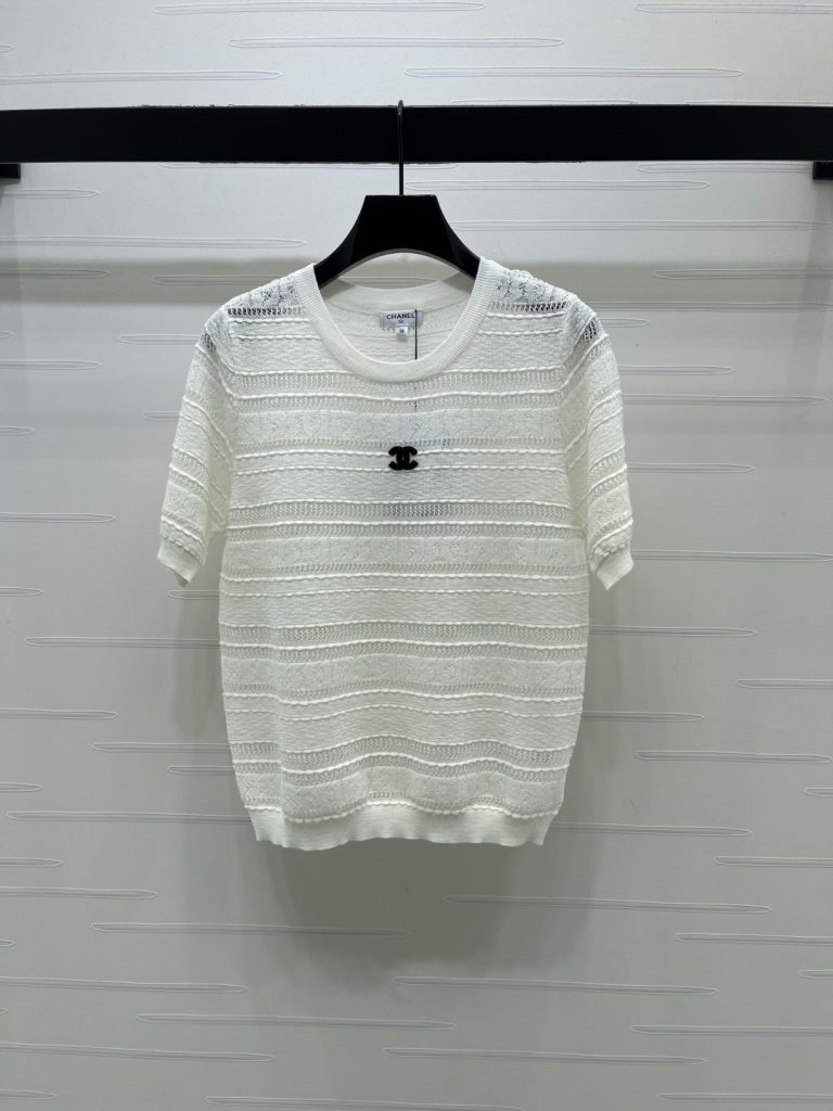 CHANEL シャネル ニット Tシャツ レディース 円形ネック ロング丈 薄手 レース風 ホワイト ブラック - 画像 2
