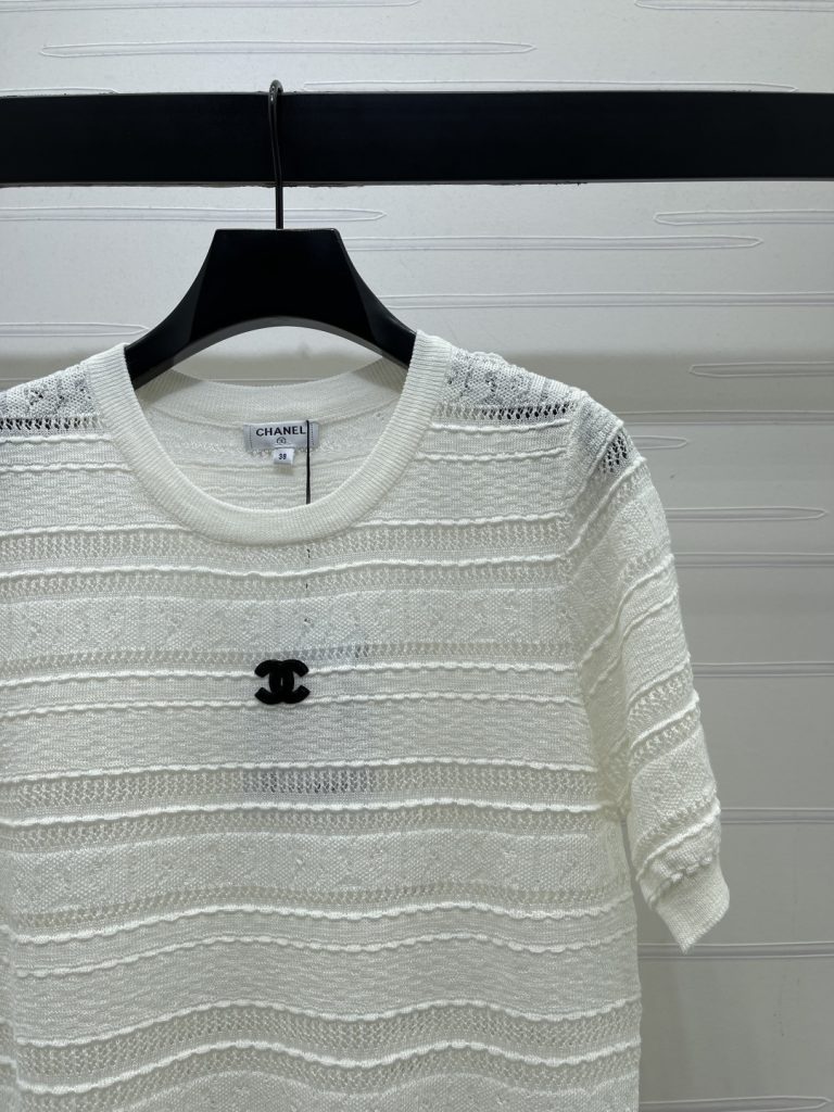 CHANEL シャネル ニット Tシャツ レディース 円形ネック ロング丈 薄手 レース風 ホワイト ブラック - 画像 3