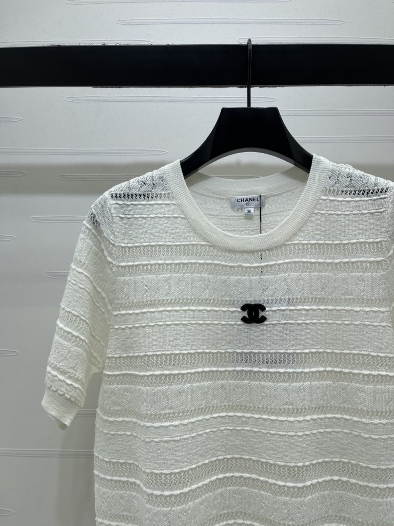 CHANEL シャネル ニット Tシャツ レディース 円形ネック ロング丈 薄手 レース風 ホワイト ブラック - 画像 4