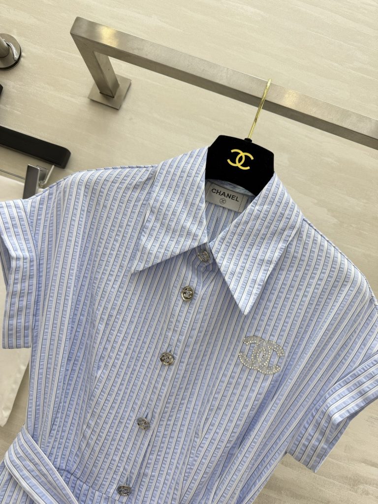 CHANEL シャネル ワンピース レディース 綿100% リブストライプ フロントボタン ショートスリーブ ロング丈 ブルー - 画像 4
