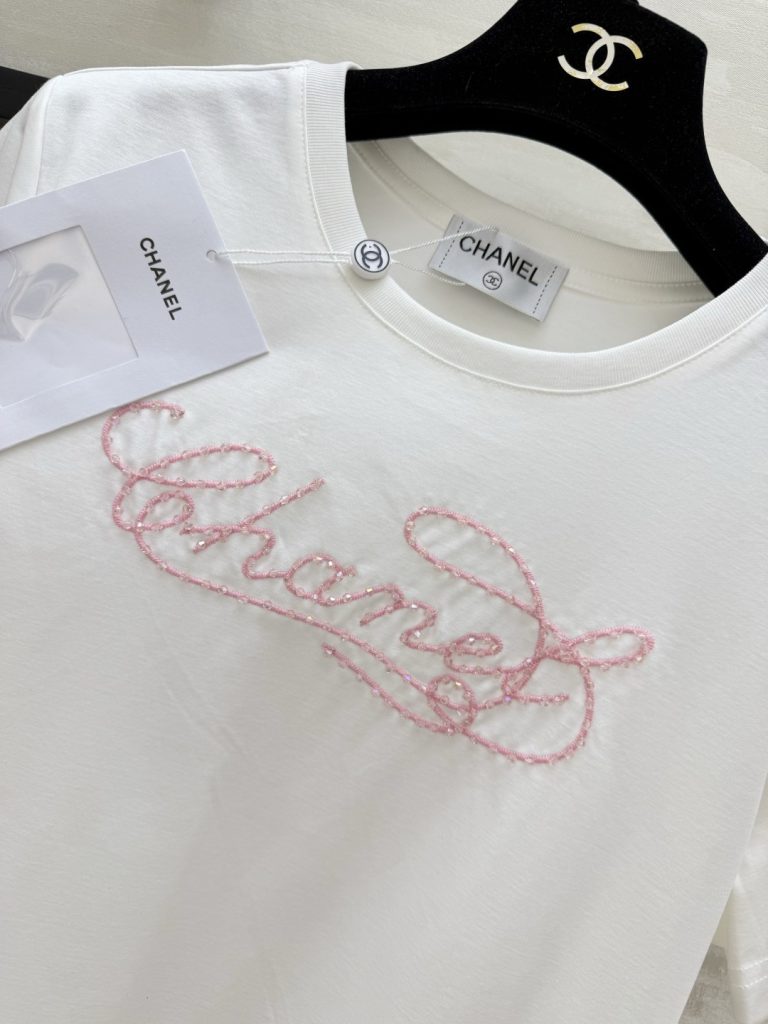 CHANEL シャネル レディース Tシャツ ピンク刺繍 レタリング ホワイト - 画像 3