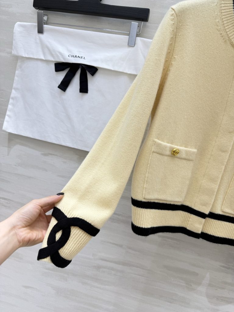 CHANEL シャネル カーディガン レディース ブラウン ブラックトリム ブラックリブ ブラックリボン マイクロニット カラー6600 - 画像 3