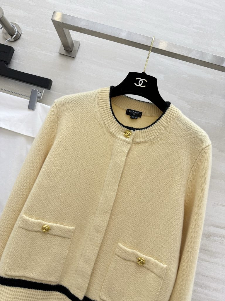 CHANEL シャネル カーディガン レディース ブラウン ブラックトリム ブラックリブ ブラックリボン マイクロニット カラー6600 - 画像 4