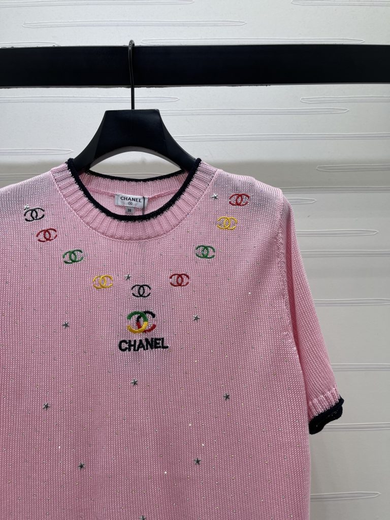 CHANEL シャネル ニット Tシャツ レディース 丸首 短袖 熱押し デザイン トーン レース ピンク - 画像 2