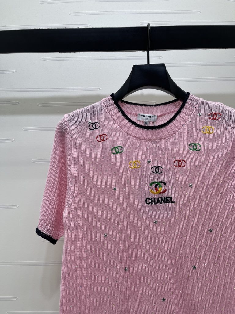 CHANEL シャネル ニット Tシャツ レディース 丸首 短袖 熱押し デザイン トーン レース ピンク - 画像 3