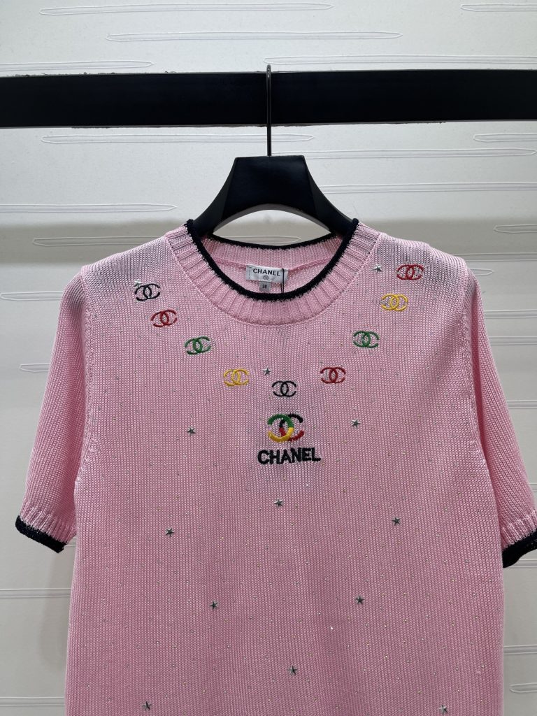 CHANEL シャネル ニット Tシャツ レディース 丸首 短袖 熱押し デザイン トーン レース ピンク - 画像 4