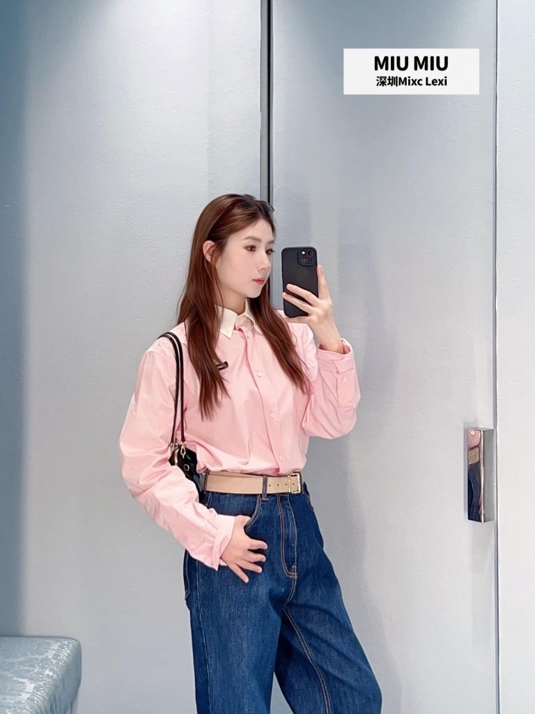 MIU MIU ミウ ミウ シャツ レディース ロング丈 オーバーサイズ 薄手 ドット柄 ピンク - 画像 3