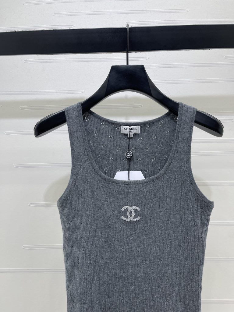 CHANEL ニット タンクトップ コピー ロゴ刺繍 レディース グレー - 画像 3