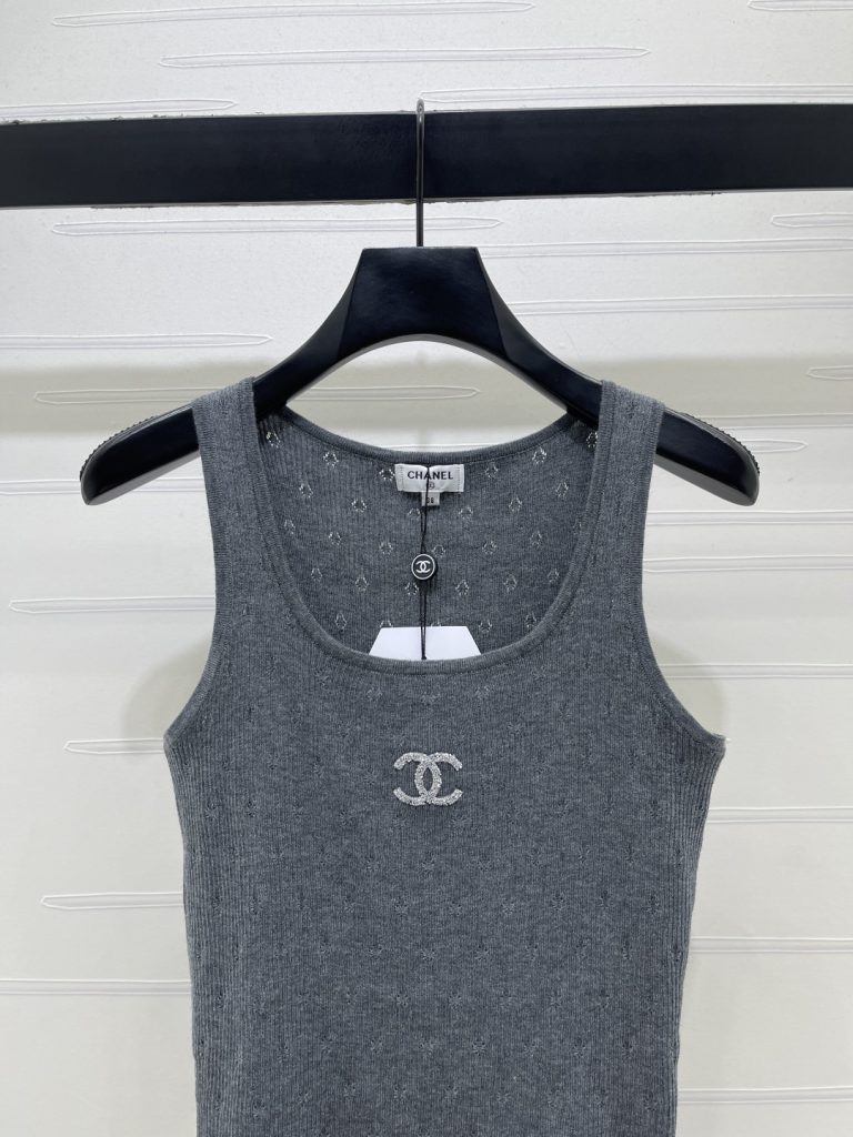 CHANEL ニット タンクトップ コピー ロゴ刺繍 レディース グレー - 画像 4