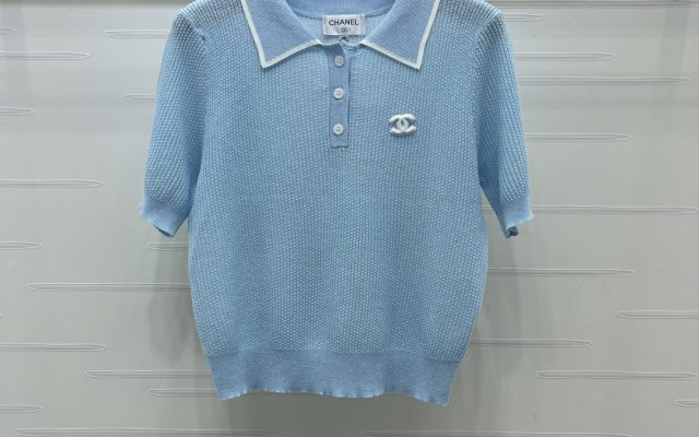 CHANEL コピー ニット 半開襟 ポロシャツ ロゴ刺繍 ライトブルー 4色展開