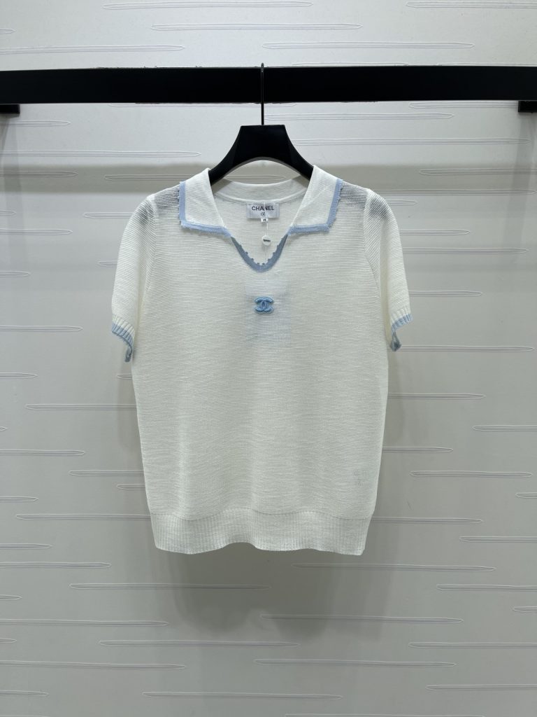 CHANEL ニット Tシャツ コピー ロゴデザイン フリンジ襟 V字ネック 無地 2色展開 - 画像 2