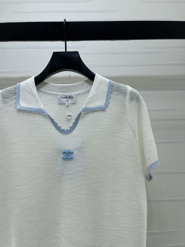 CHANEL ニット Tシャツ コピー ロゴデザイン フリンジ襟 V字ネック 無地 2色展開 - 画像 3