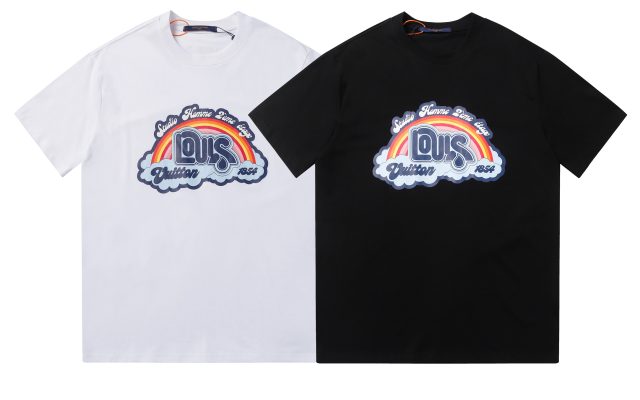 Louis Vuitton　クルーネックTシャツ　ルイヴィトン　T-Shirt　シャツ　半袖Tシャツ　メンズTシャツ　虹　プリントシャツ　綿100％　2色