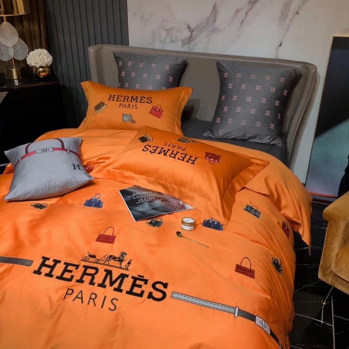 エルメス布団カバーセット刺繍系 4点ベッド寝具セットHERMES 掛け布団カバー/ボックスシーツ 新居用品ゴージャス オレンジ - 画像 2