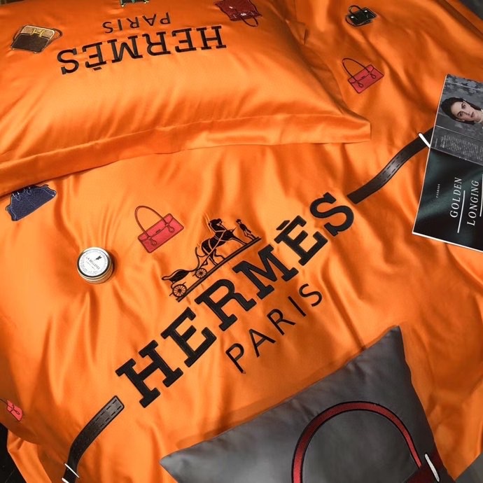 エルメス布団カバーセット刺繍系 4点ベッド寝具セットHERMES 掛け布団カバー/ボックスシーツ 新居用品ゴージャス オレンジ - 画像 3
