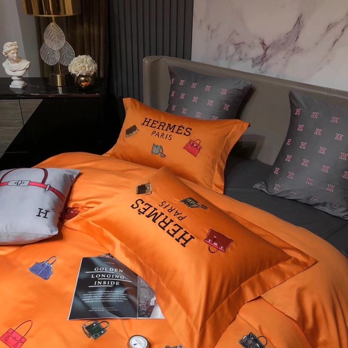 エルメス布団カバーセット刺繍系 4点ベッド寝具セットHERMES 掛け布団カバー/ボックスシーツ 新居用品ゴージャス オレンジ - 画像 4