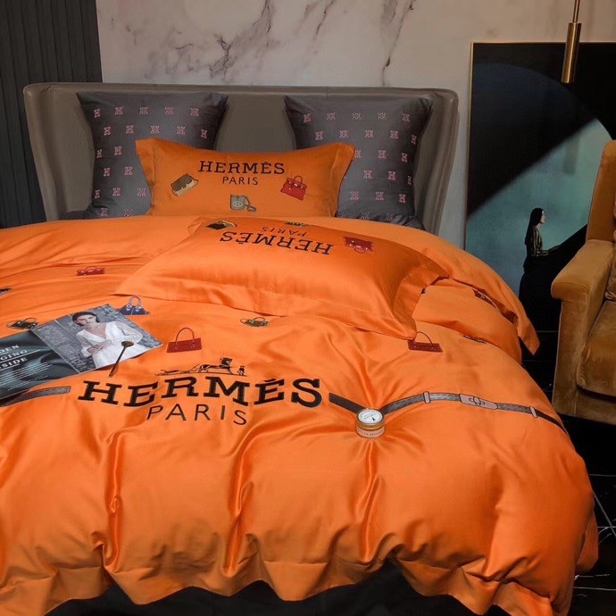エルメス布団カバーセット刺繍系 4点ベッド寝具セットHERMES 掛け布団カバー/ボックスシーツ 新居用品ゴージャス オレンジ - 画像 5