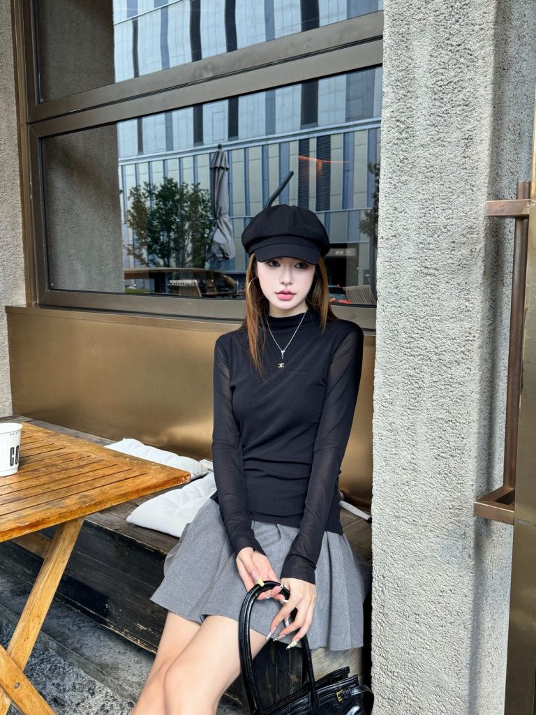 香奈儿 レディース ブラウス ブラック 透け感あり リブ素材 3色入 - 画像 2