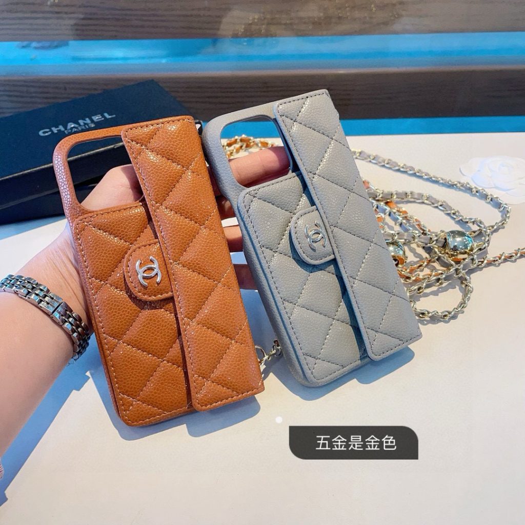 iPhoneケースシャネル風 チェーン付きスマホケース カメル色 2色入 - 画像 5