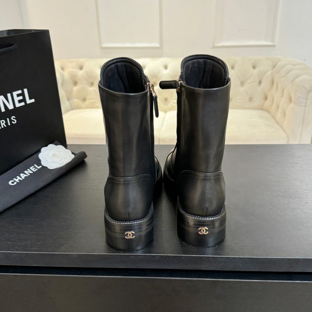 CHANEL ブーツ レディース ブラック 本革 ファッション リボン ミディアムブーツ 1色 - 画像 3