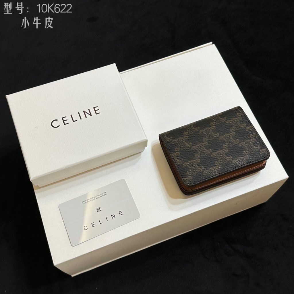 セリーヌ Celine 10K622 ミニ二つ折り財布 ブラウン ブラック シグネチャー レザー 小牛革 二つ折り財布 - 画像 2