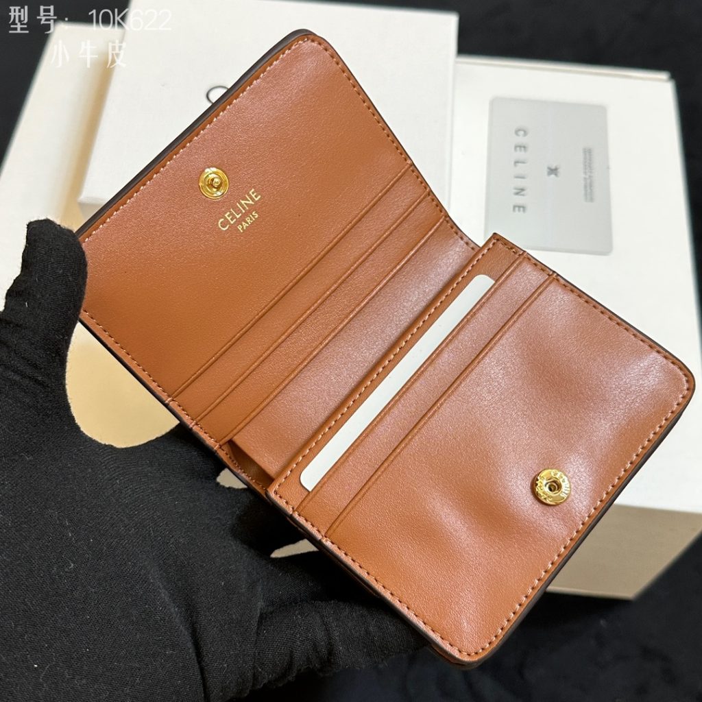 セリーヌ Celine 10K622 ミニ二つ折り財布 ブラウン ブラック シグネチャー レザー 小牛革 二つ折り財布 - 画像 6