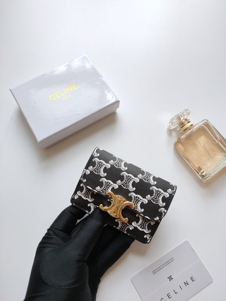 CELINE シリーズ ブラック プリンティング カードケース トランクス柄 ゴールドプレート 二つ折り財布 - 画像 4