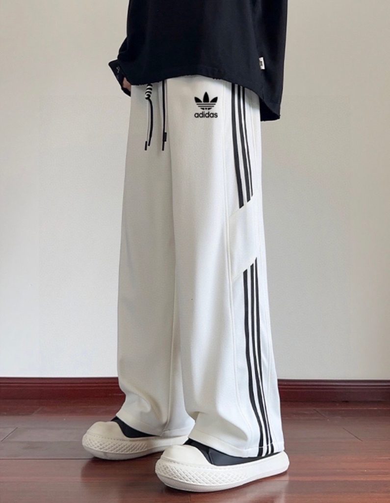 adidas パンツ ワイド ロゴ 3本線 カジュアル 通勤 ブラック ホワイト キャンバス - 画像 2