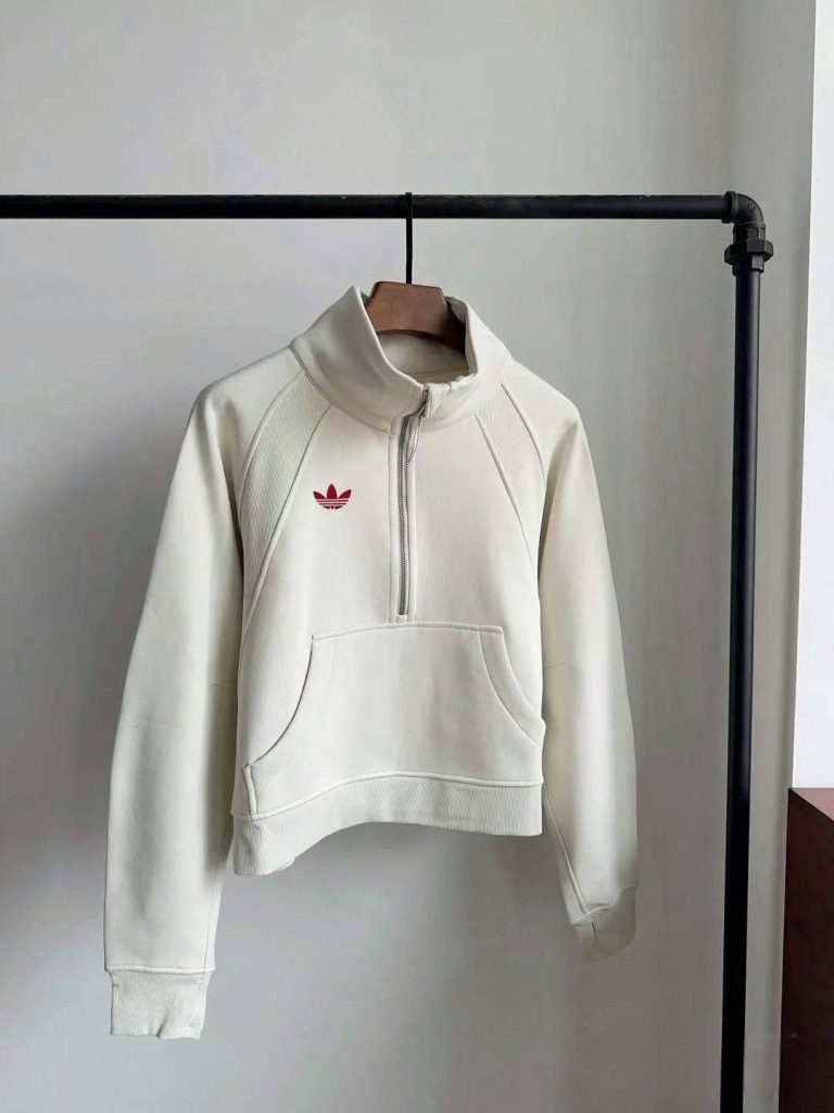 adidas トレフォイル パーカー 半ジップ フード付き カジュアル ロゴプリント ホワイト ファンシーな素材感 - 画像 7