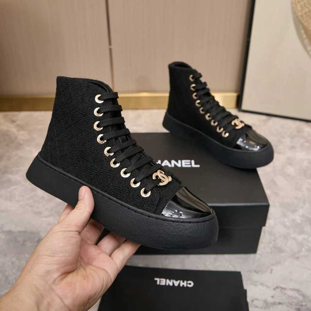 CHANEL シャネル ハイカットスニーカー レディース メンズ 兼用 軽量 大容量 黒 通勤 通学 2WAY プラットフォーム シンプル - 画像 2