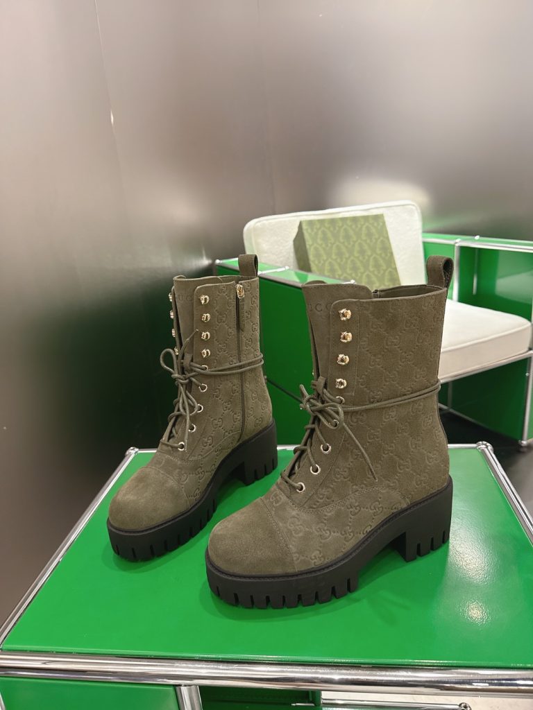 GUCCI グッチ ブーツ 本革 レディース ブラック グリーン ブラック - 画像 3