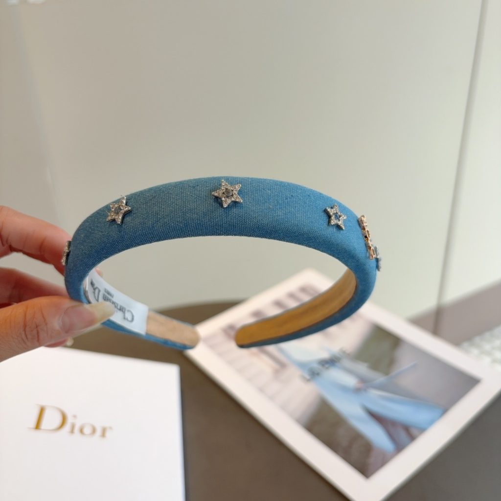 DIOR ディオール ヘアバンド 本革 デニム風 スター ブルー - 画像 5